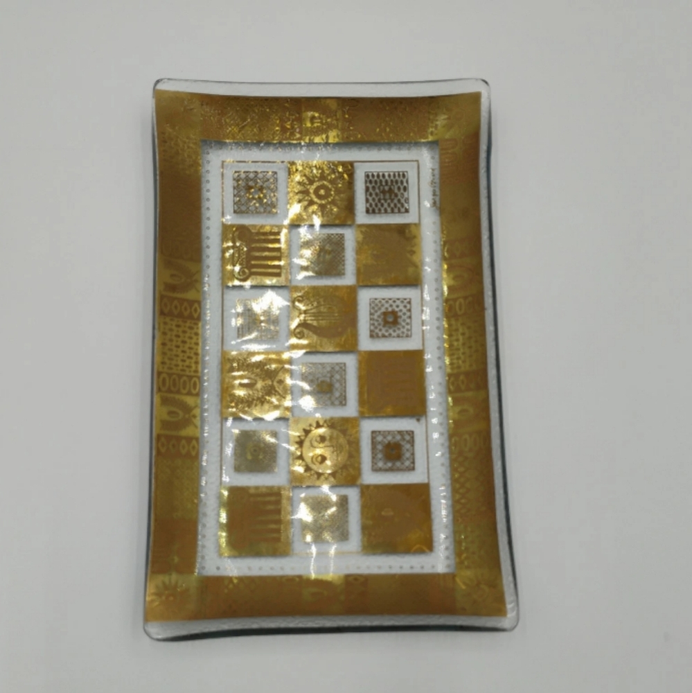 Georges Briard Vintage Glass Tray Dish Gold & Clear Signed - Picture 2 of 4